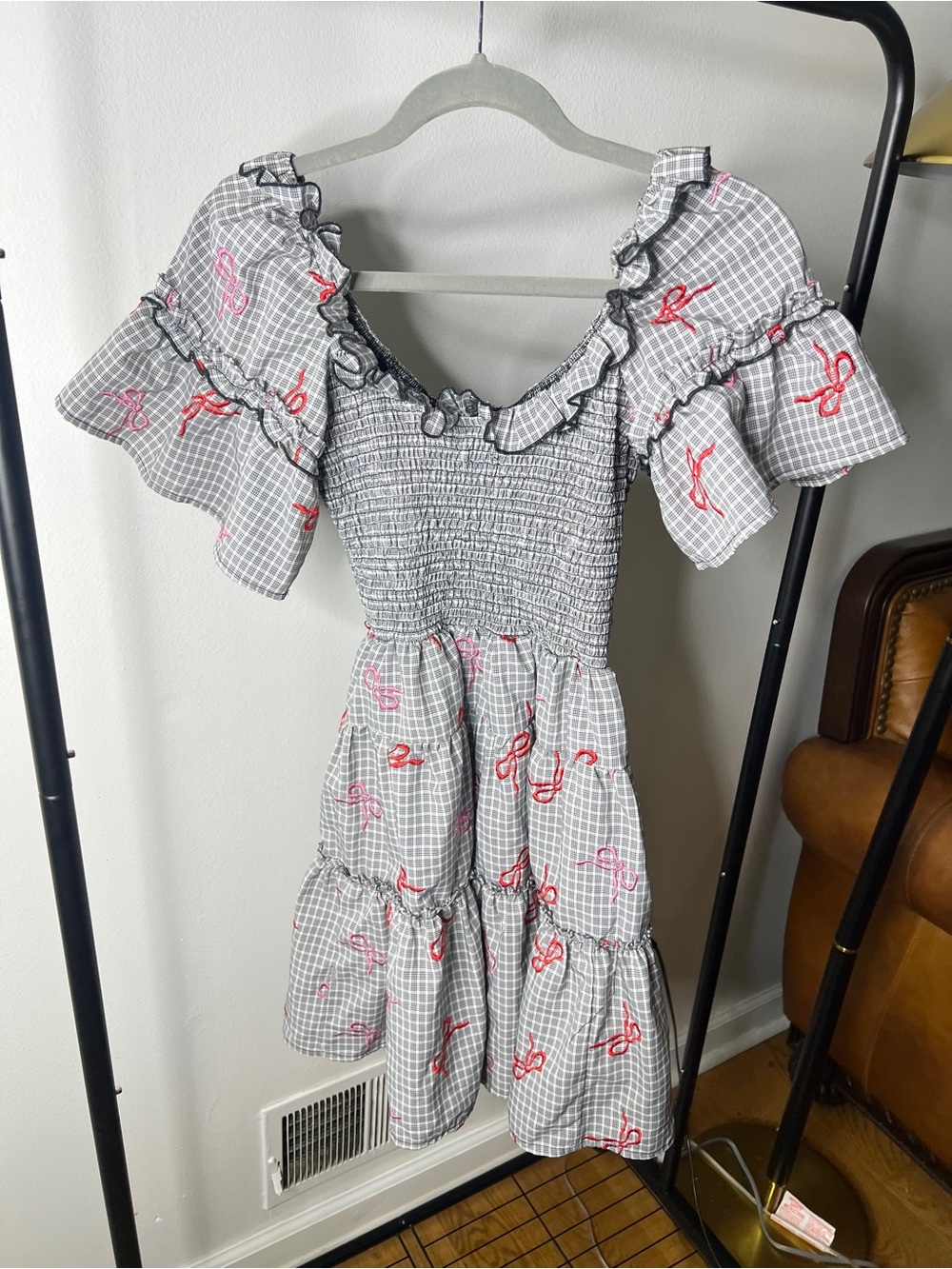 Free People Black and White Smocked Gingham Mini Dress with Black Ribbon - Picture 3 of 4